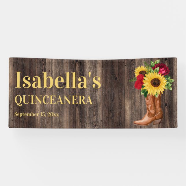 Quinceañera Red Roses Sunflowers Cowboy Boots  Banner (Horizontal)