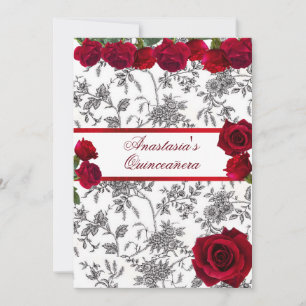 Quinceanera Red Satin Red Roses Black White Toile  Invitation