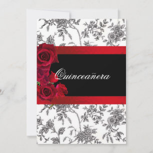 Quinceanera Red Satin Roses Black White Toile  Invitation