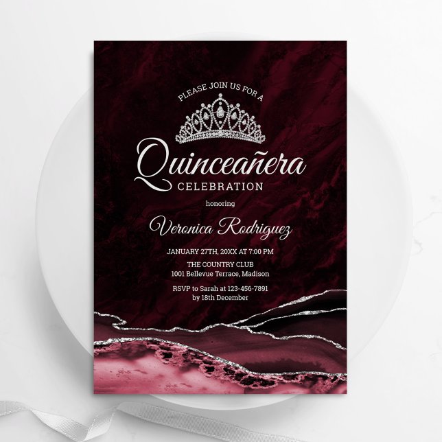 Quinceanera Red Silver Agate Marble Invitation (Creator Uploaded)