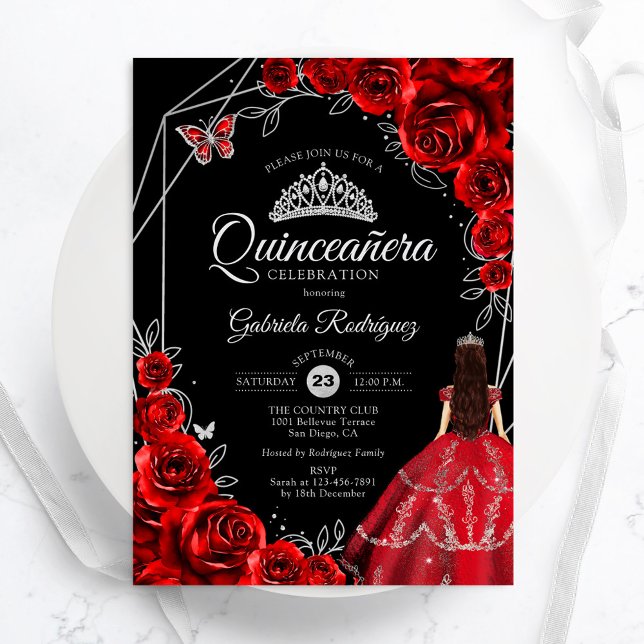Quinceanera Red Silver Butterfly Dress Floral Invitation (Creator Uploaded)