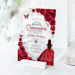 Quinceanera Red Silver Floral Dress Acrylic Invitations