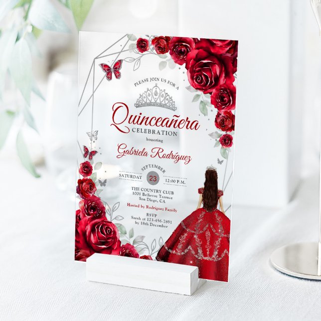 Quinceanera Red Silver Floral Dress Acrylic Invitations (Creator Uploaded)