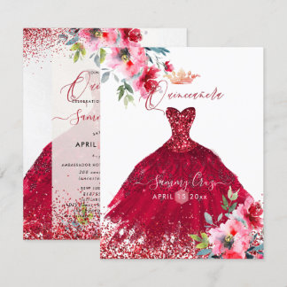 Quinceanera Red Sparkle Gown Watercolor Flowers In Invitation