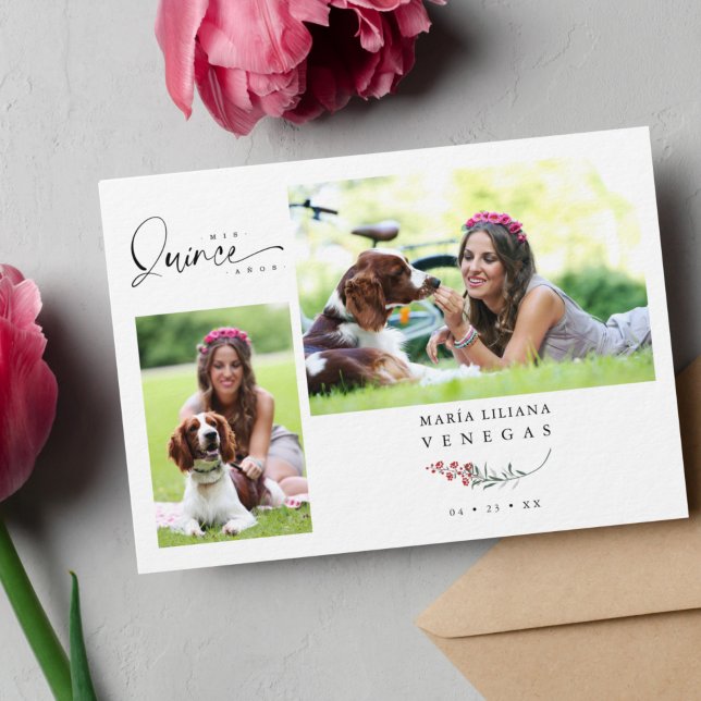 Quinceañera Red Trendy Branches Español 2 Photos Invitation (Creator Uploaded)