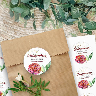 Quinceanera Red Vintage Rose Watercolor Custom Classic Round Sticker