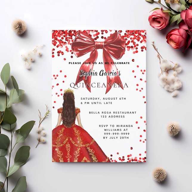 Quinceanera red white dress bow invitation (Creator Uploaded)