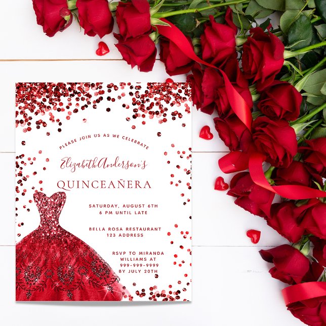Quinceanera red white dress budget invitation flyer (Creator Uploaded)