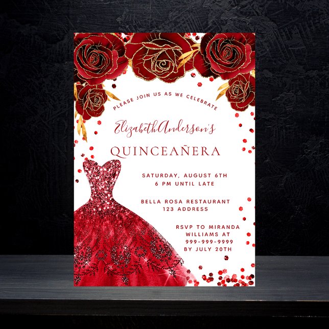 Quinceanera red white dress roses luxury invitation (Creator Uploaded)