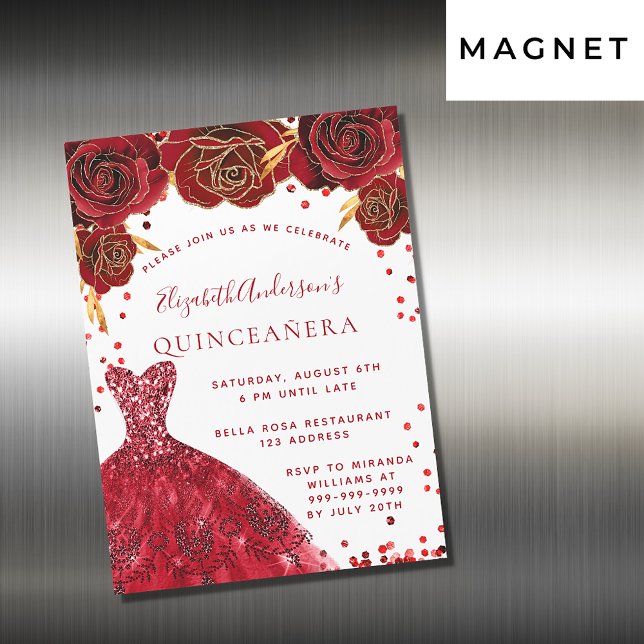 Quinceanera red white dress roses luxury magnetic invitation (Creator Uploaded)