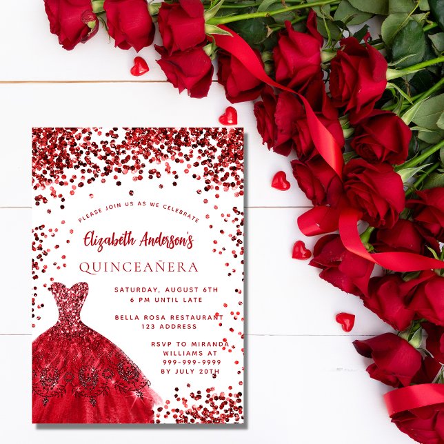 Quinceanera red white dress sparkles party invitation (Creator Uploaded)