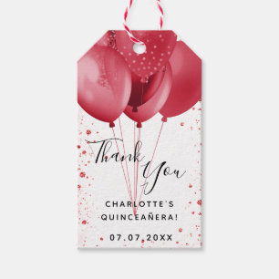 Quinceanera red white glitter balloons thank you gift tags
