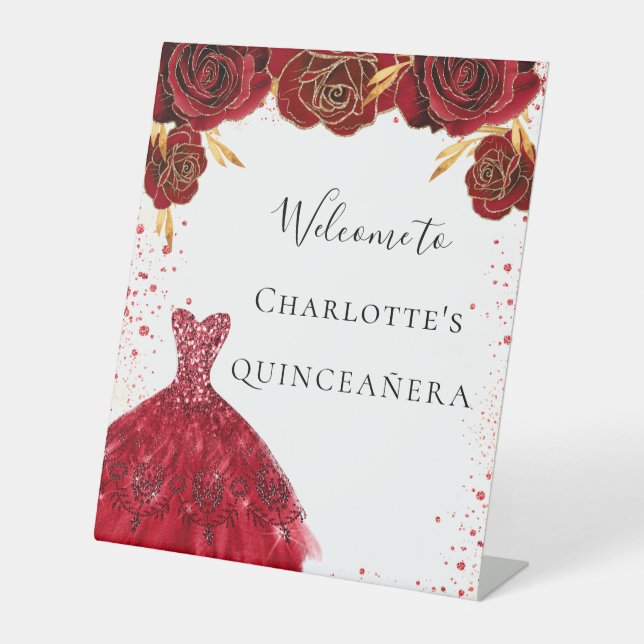 Quinceanera red white glitter dress floral welcome pedestal sign (Front)