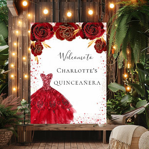 Quinceanera red white glitter dress floral welcome poster