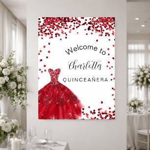 Quinceanera red white glitter dress welcome poster