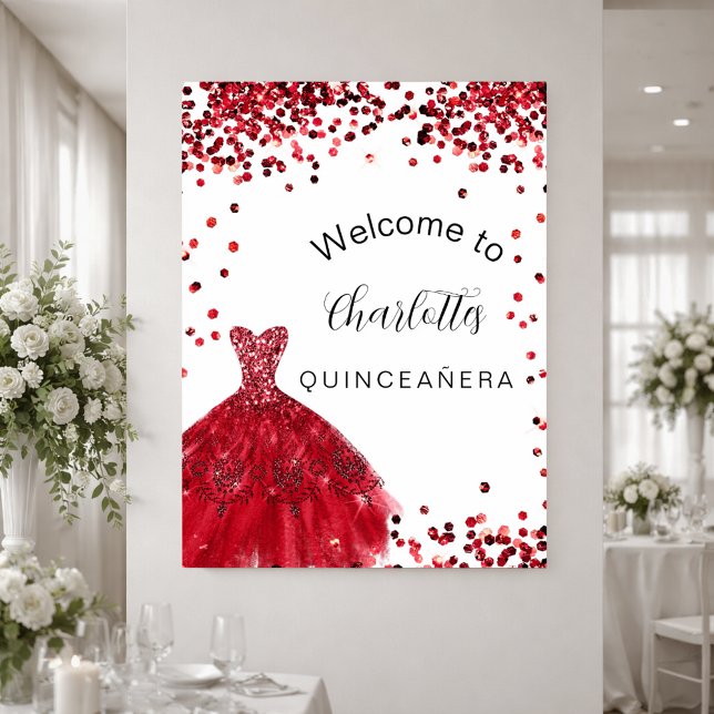 Quinceanera red white glitter dress welcome  poster (Creator Uploaded)