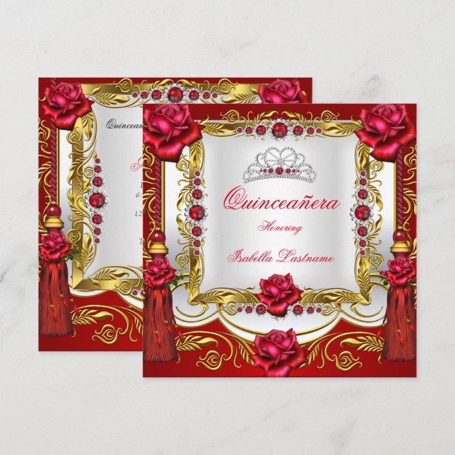 Quinceanera Regal Red Gold Rose Tassels Tiara Invitation (Front/Back)