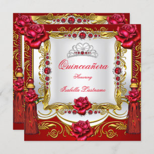 Quinceanera Regal Red Gold Rose Tassels Tiara Invitation