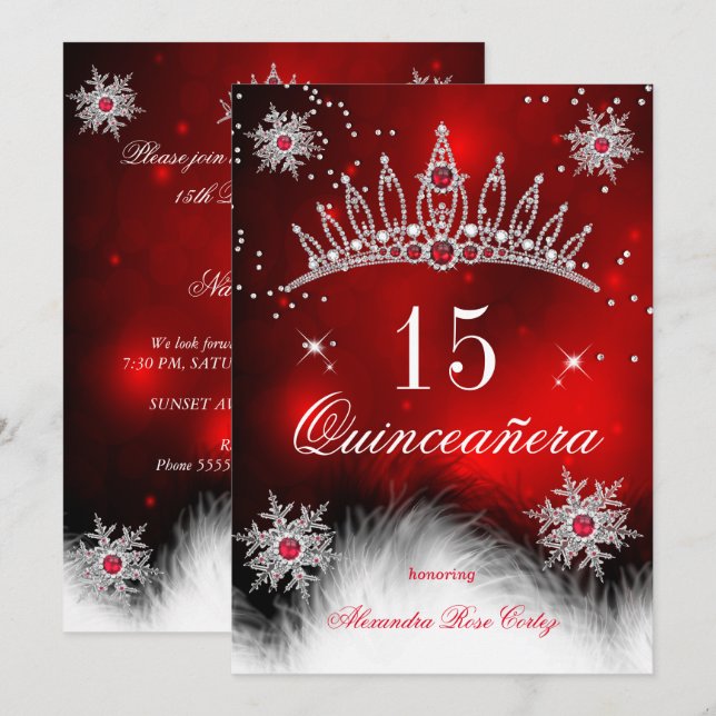 Quinceanera Regal Red Snowflake 15th Birthday Invitation (Front/Back)