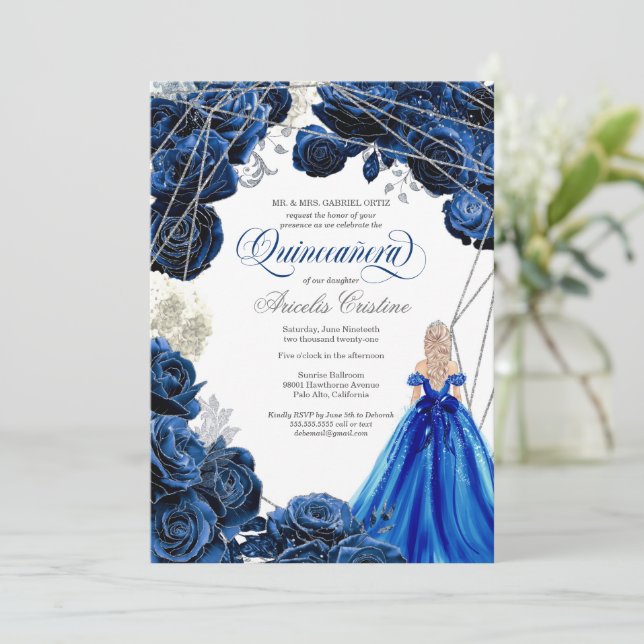 Quinceañera Regal Royal Blue & Silver w Gown Invit Invitation (Standing Front)