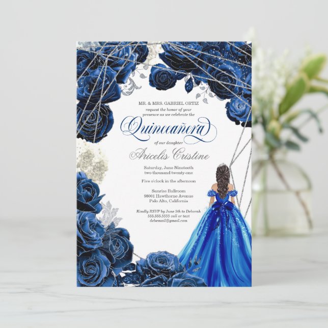 Quinceañera Regal Royal Blue & Silver w Gown Invit Invitation (Standing Front)