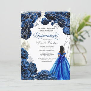 Quinceañera Regal Royal Blue & Silver with Gown Invitation