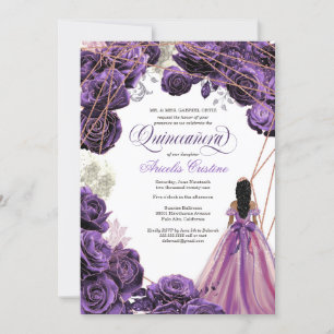 Quinceañera Regal Royal Purple & Rose Gold & Gown Invitation