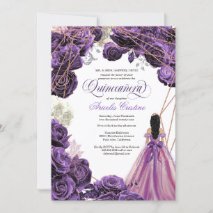 Quinceañera Regal Royal Purple & Rose Gold & Gown  Invitation