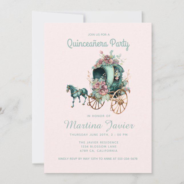 Quinceañera Retro Floral Carriage 15th Birthday Invitation (Front)
