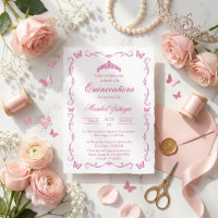 Quinceañera Rosa con Corona y Mariposas