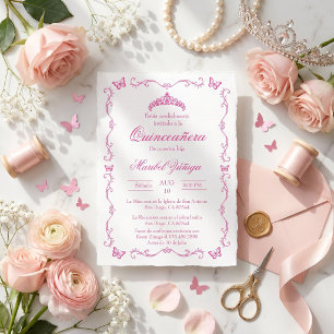 Quinceañera Rosa con Corona y Mariposas Invitation