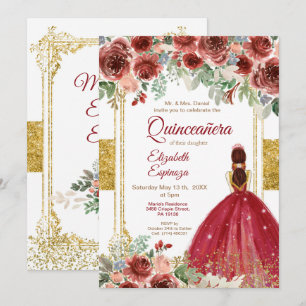 Quinceañera Rose Burgundy Gold  Invitation