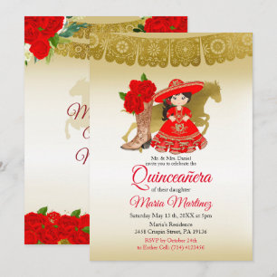 Quinceañera Rose Burgundy Gold Mexican Birthday In Invitation