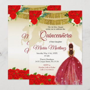 Quinceañera Rose Burgundy Gold Mexican Birthday Invitation