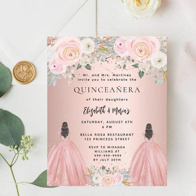 Quinceanera rose dress floral 2 girls invitation (Creator Uploaded)