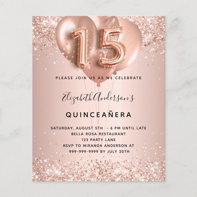 Quinceanera rose gold balloons budget invitation flyer (Front)