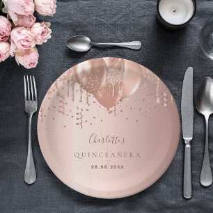 Quinceanera rose gold balloons paper plate