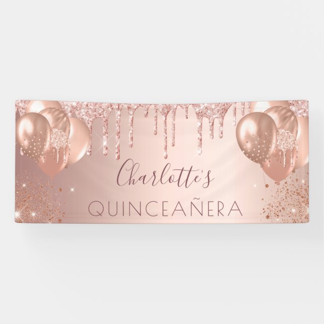 Quinceanera rose gold balloons party banner (Horizontal)