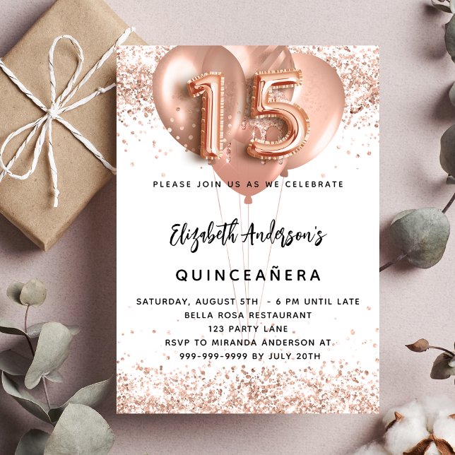 Quinceanera rose gold balloons white invitation postcard (Creator Uploaded)
