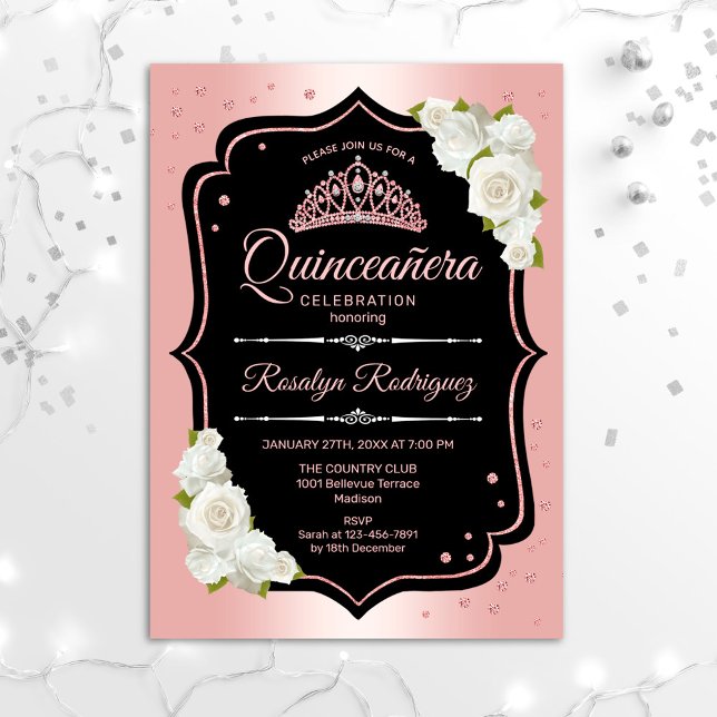 Quinceanera - Rose Gold Black White Invitation (Creator Uploaded)