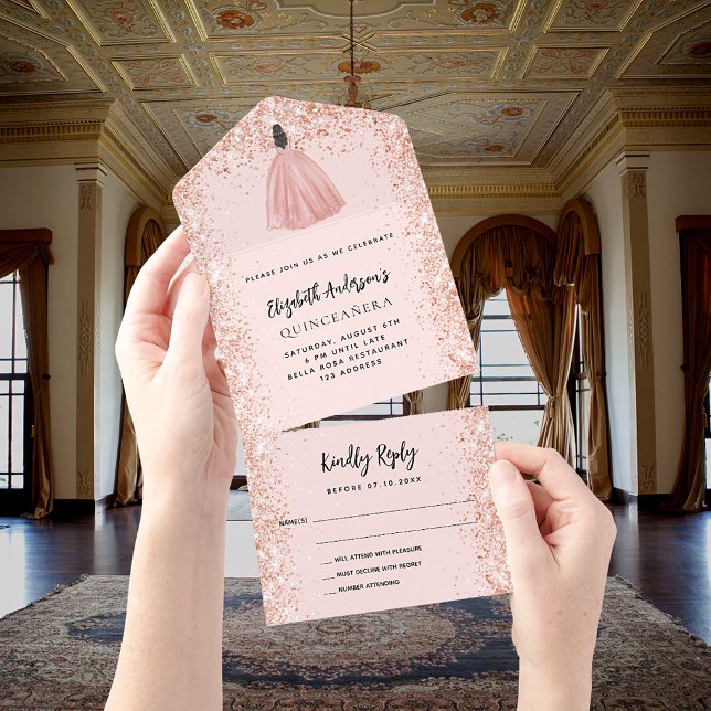 Quinceanera rose gold blush dress party RSVP All In One Invitation (Creator Uploaded)