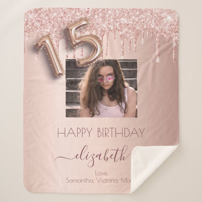 Quinceanera rose gold blush friends photo drips sherpa blanket (Front)