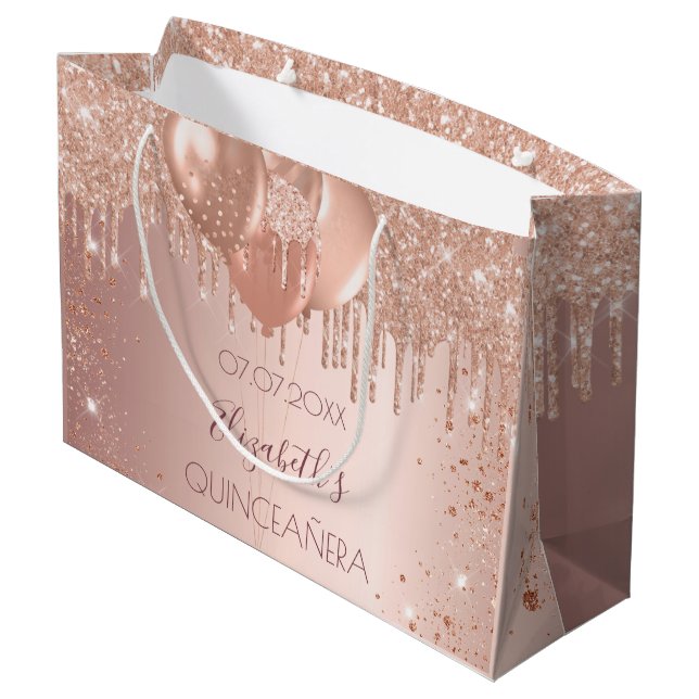 Quinceanera rose gold blush glitter balloons large gift bag (Back Angled)