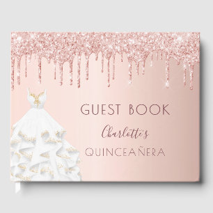 Quinceanera rose gold blush glitter drips dress guest book