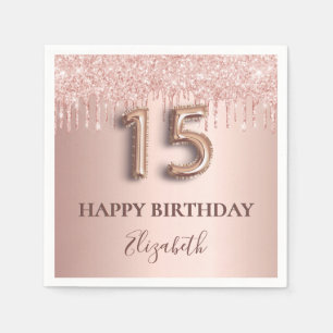 Quinceanera rose gold blush glitter drips name napkin