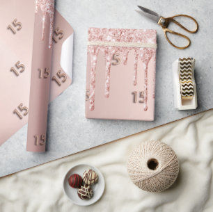 Quinceanera rose gold blush glitter drips wrapping paper