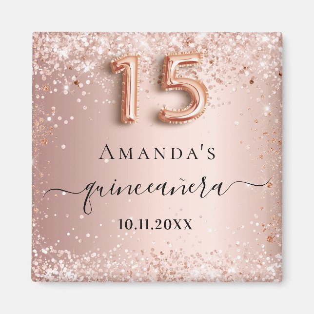 Quinceanera rose gold blush glitter dust name magnet (Front)