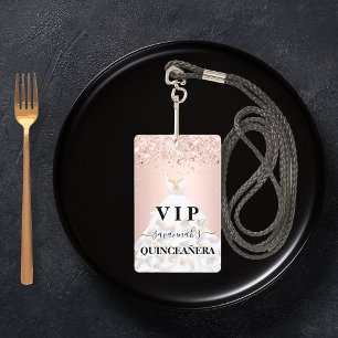 Quinceanera rose gold blush glitter dust name vip ID badge