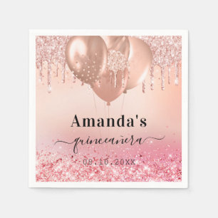 Quinceanera rose gold blush glitter name napkin