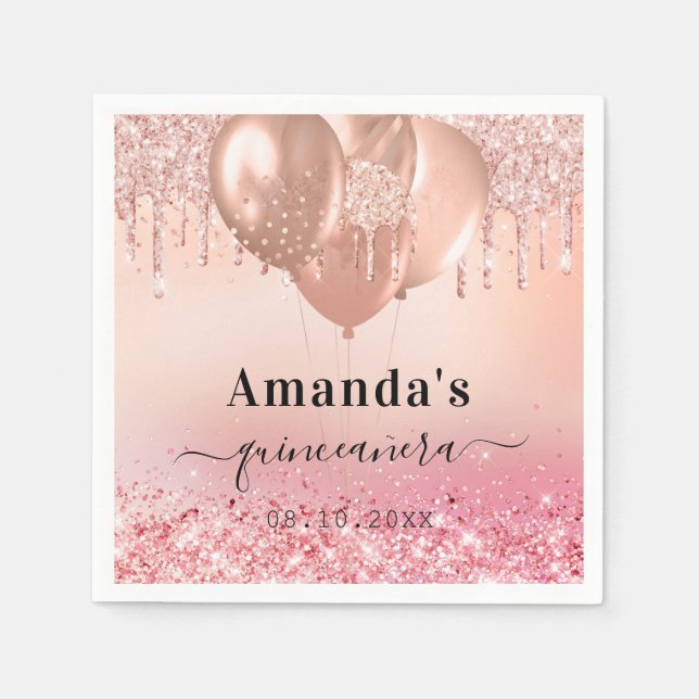 Quinceanera rose gold blush glitter name napkin (Front)